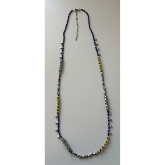 Premier Designs Blue Yellow Beaded Adjustable Necklace Silver Tone ~17"-30" - Picture 1 of 6